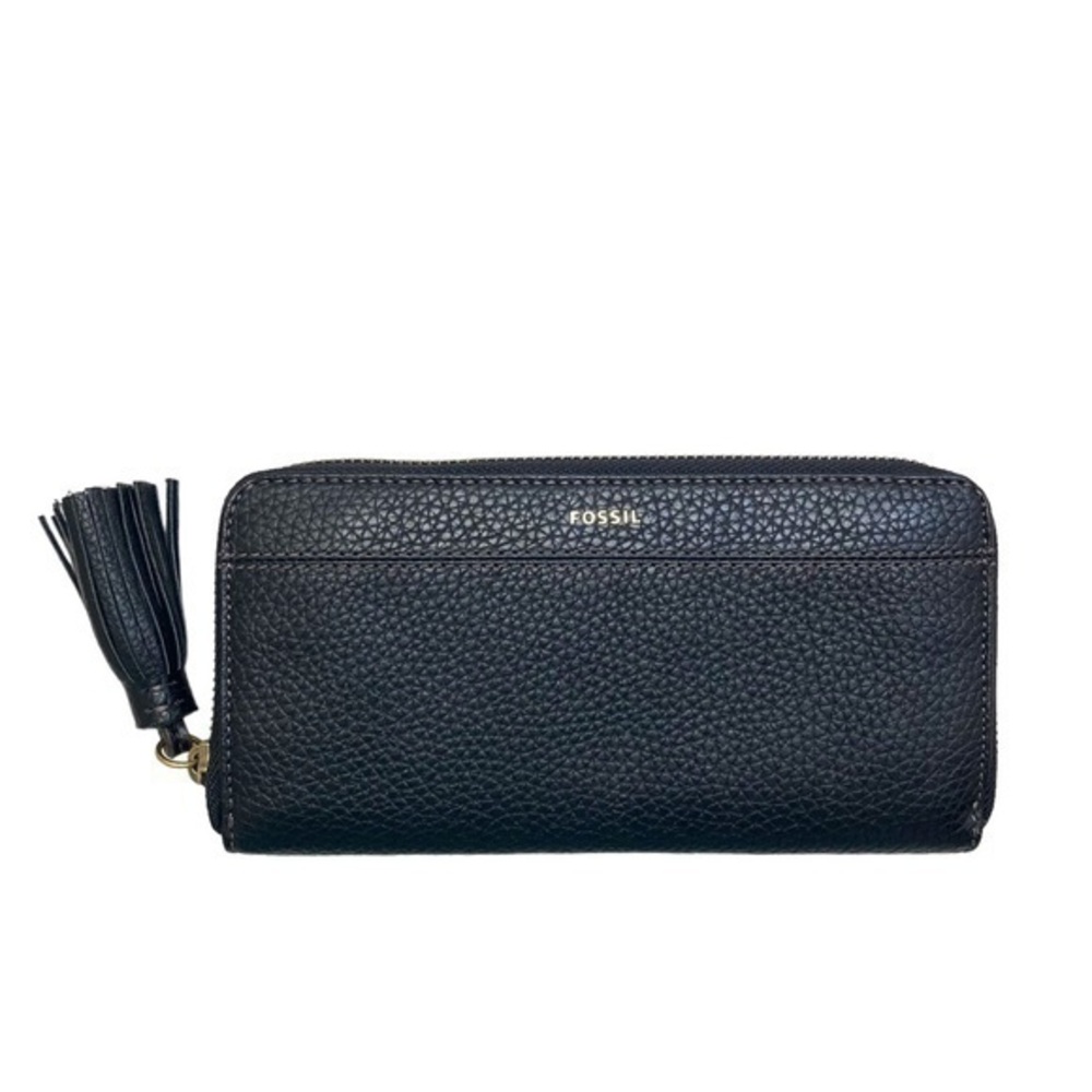 Fossil black pebbled leather zipper accordion wallet